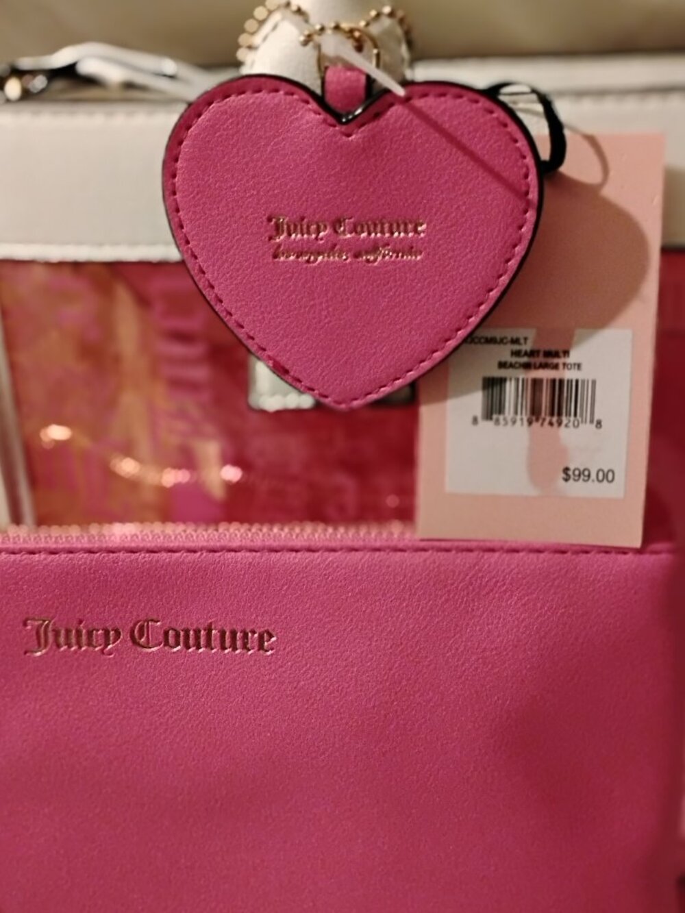 Juicy Couture Large Beachin Tote - Pink/Yellow/White/Clear w/Solid Pouch Set - Picture 3 of 15